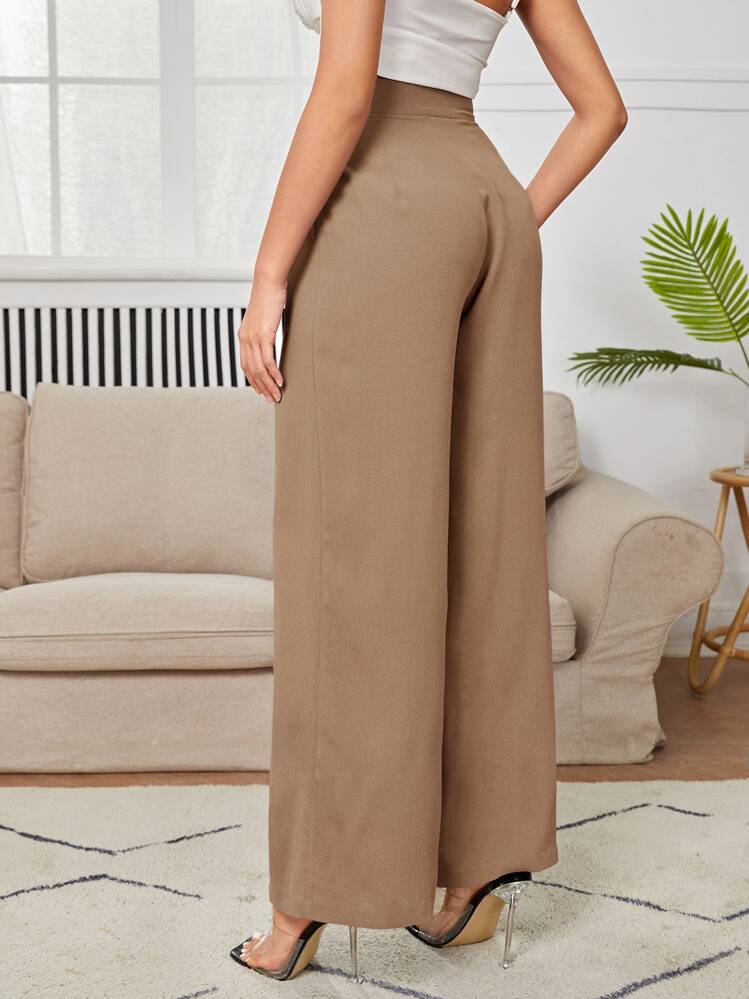 SHEIN PETITE High Waist Plicated Detail Wide Leg Dress Pants - Khaki - View 2