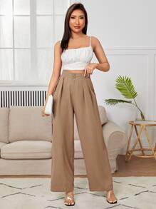 SHEIN PETITE High Waist Plicated Detail Wide Leg Dress Pants - Khaki - View 4