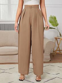 SHEIN PETITE High Waist Plicated Detail Wide Leg Dress Pants - Khaki - View 5