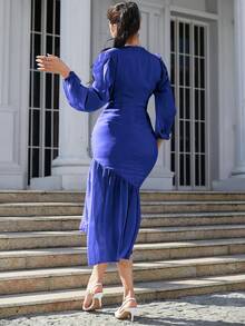 Modelyn Vestido de cuello cruzado de manga farol fruncido bajo con fruncido - Azul - Ver 2