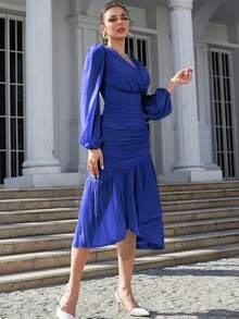 Modelyn Vestido de cuello cruzado de manga farol fruncido bajo con fruncido - Azul - Ver 3