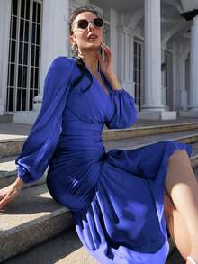 Modelyn Vestido de cuello cruzado de manga farol fruncido bajo con fruncido - Azul - Ver 4