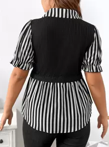 Elenzga Plus Striped Print Puff Sleeve Peplum Top, Summer - Black and White - View 2
