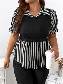 Elenzga Plus Striped Print Puff Sleeve Peplum Top, Summer - Black and White - View 6