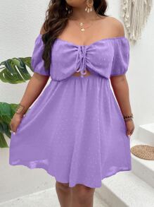 SHEIN Clasi 大碼圓點前抽繩鏤空連衣裙 - 紫色 - 查看 1