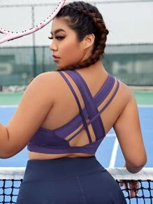 Plus Solid Criss Cross Back Sports Bra - Purple - View 1