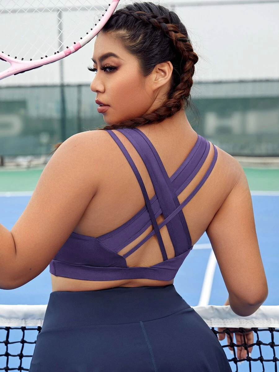 Plus Solid Criss Cross Back Sports Bra - Purple - View 1