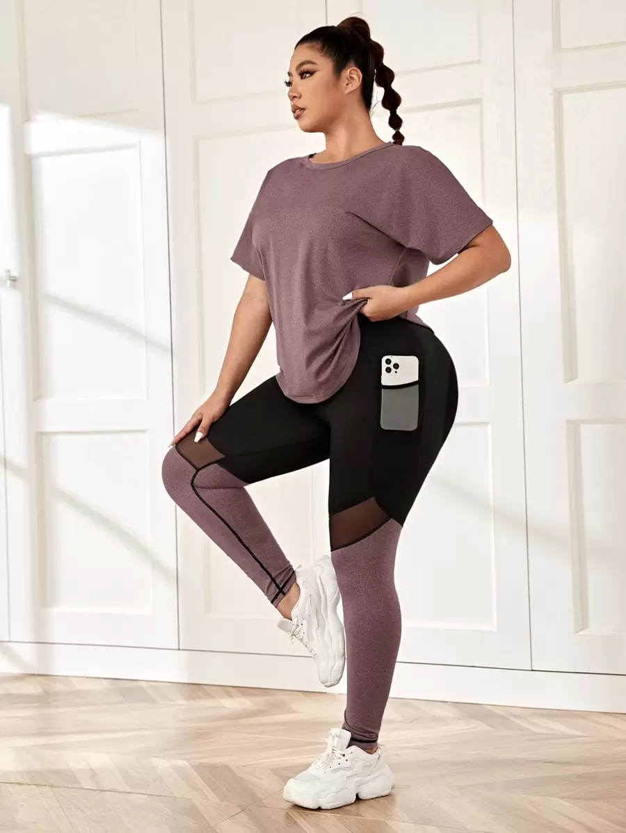 Rhythm Era Tricou sport de marime plus și inserție din plasă Leggings sport cu buzunar pentru telefon Set de antrenament pentru femei - Mov Mov - Vizualizare 1