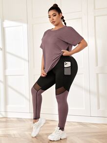 Rhythm Era Tricou sport de marime plus și inserție din plasă Leggings sport cu buzunar pentru telefon Set de antrenament pentru femei - Mov Mov - Vizualizare 3