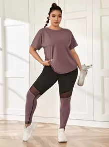 Rhythm Era Tricou sport de marime plus și inserție din plasă Leggings sport cu buzunar pentru telefon Set de antrenament pentru femei - Mov Mov - Vizualizare 4