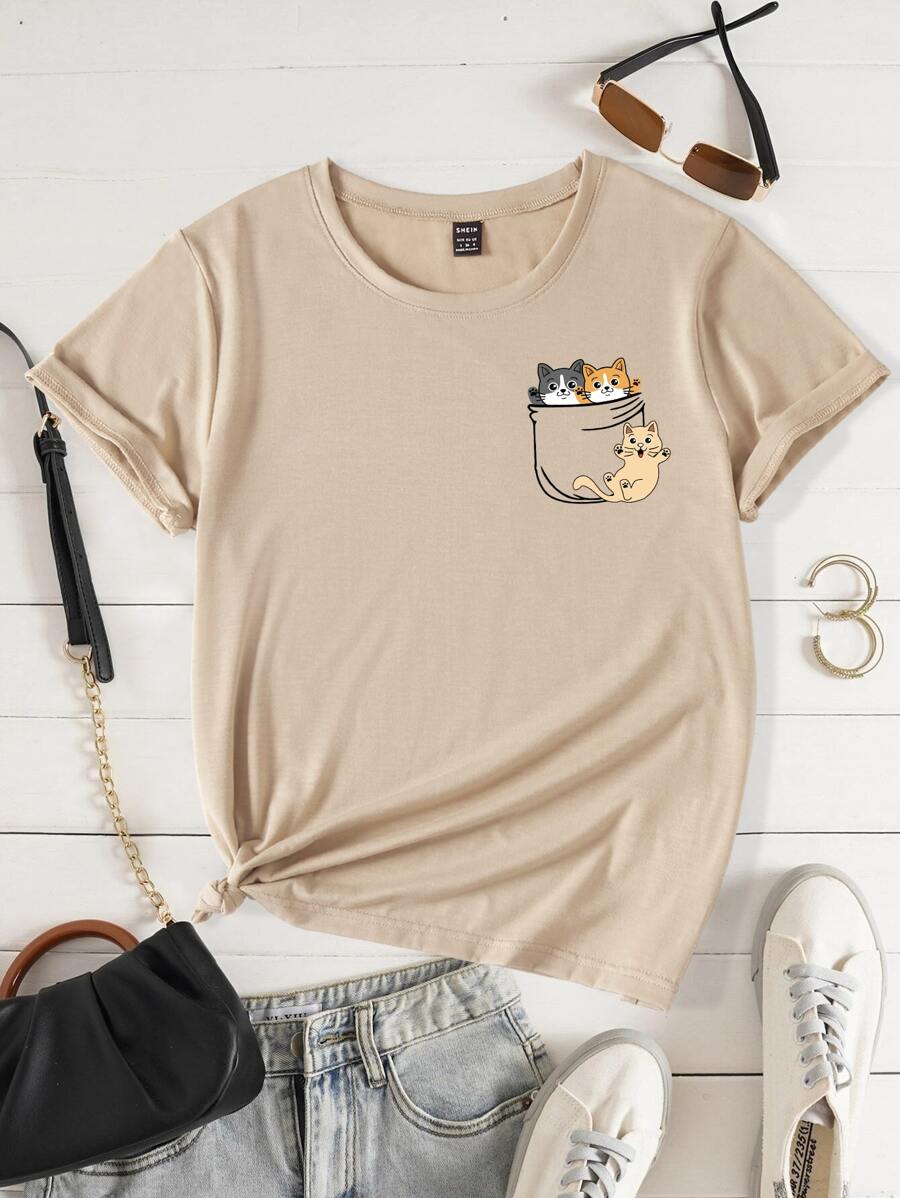 Camiseta con estampado de dibujos animados - Caqui - Ver 1