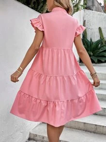 SHEIN VCAY Floral Embroidery Ruffle Hem Smock Dress - Coral Pink - View 2