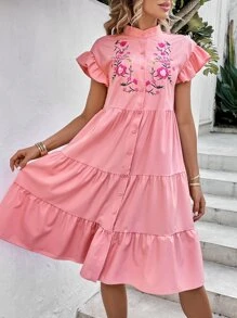 SHEIN VCAY Floral Embroidery Ruffle Hem Smock Dress - Coral Pink - View 5