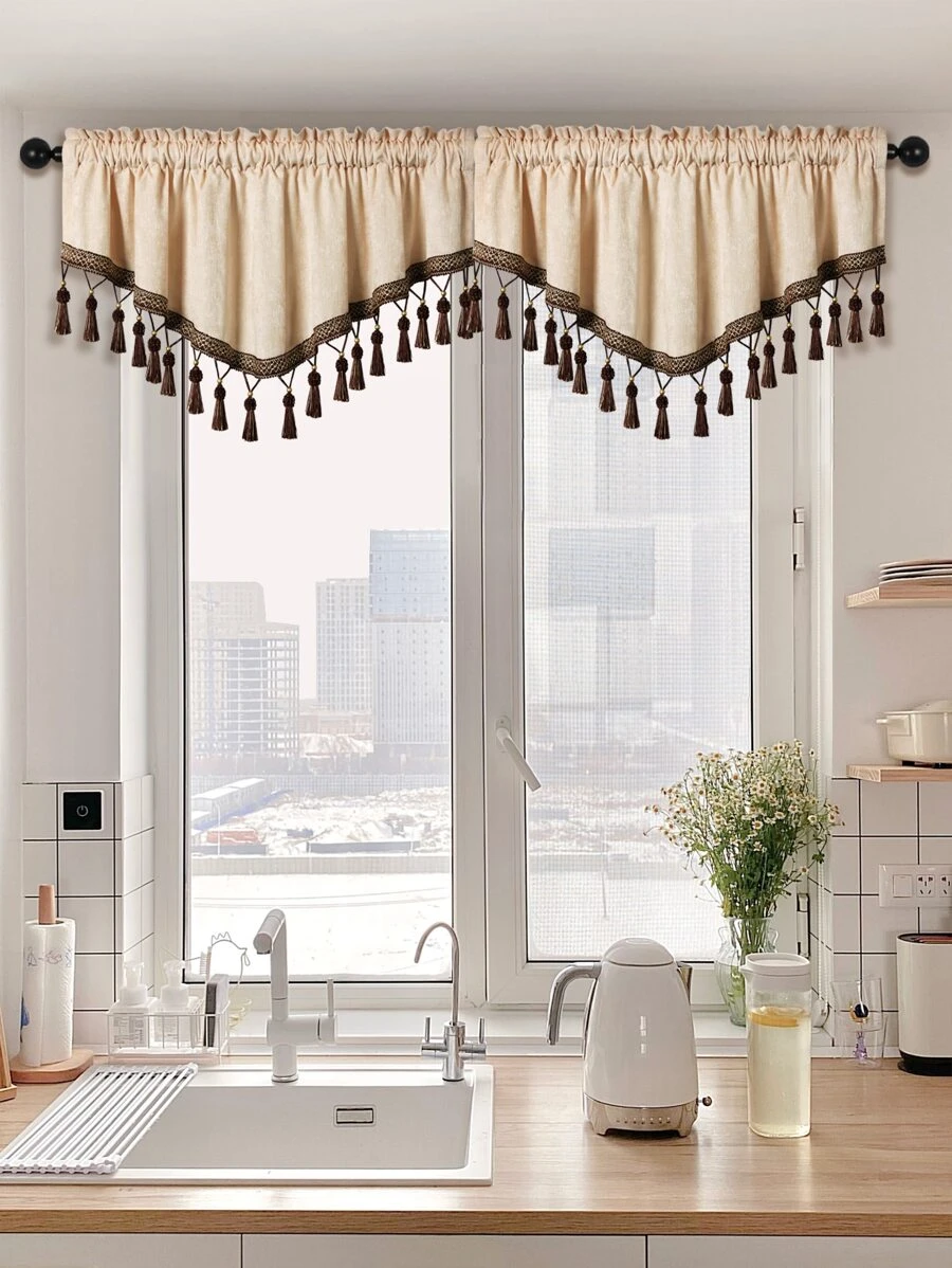 1pc Polyester Curtain Valance, Tassel Decor Window Valance For Home - Beige - View 1