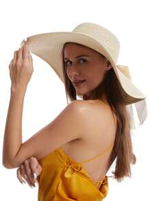 1入組夏季女士蝴蝶結裝飾大簷波西米亞風帽子 - 米色 - 查看 1