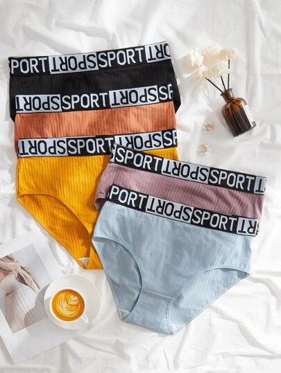 Plus Size 5 Pack Letter Tape Waist Multicolor Comfort Panty Sports