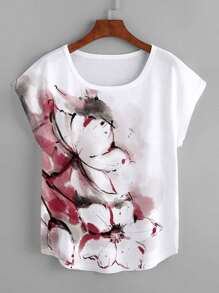 Mulvari Plus Floral Print Batwing Sleeve Tee - White - View 1