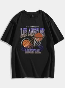 ROMWE MEN Prep Men Cotton Letter Basketball Graphic Tee, School - Black - View 1