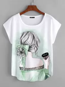 Mulvari 大碼人像圖案蝙蝠袖T恤 - 白色 - 查看 1