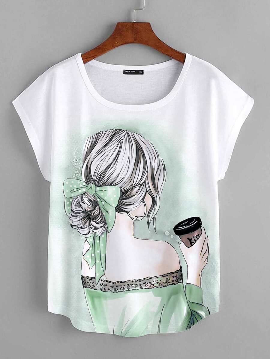 Mulvari 大碼人像圖案蝙蝠袖T恤 - 白色 - 查看 1