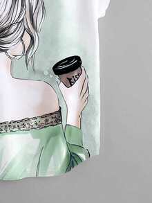 Mulvari 大碼人像圖案蝙蝠袖T恤 - 白色 - 查看 4