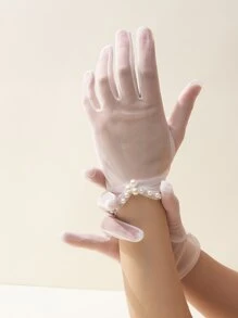 1 Cặp Găng tay cô dâu lưới trong suốt màu trắng đính hạt cho nữ dùng trong đám cưới, tiệc tùng, tiệc chiêu đãi, sử dụng hàng ngày - trắng - Xem 2