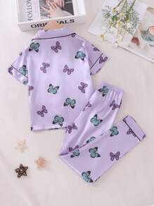 Tween Girl Butterfly Printed Home Clothing Set, For Big Holiday Travel Releax Summer Clothes - Mauve Purple - View 2