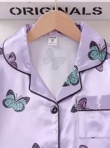 Tween Girl Butterfly Printed Home Clothing Set, For Big Holiday Travel Releax Summer Clothes - Mauve Purple - View 3