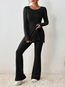 SHEIN Essnce Split Hem Tee & Flare Leg Trousers - Black - View 1