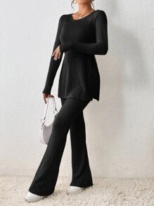 SHEIN Essnce Split Hem Tee & Flare Leg Trousers - Black - View 4