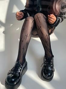 1pair Women Cross Pattern Fishnet Tights, For Party - Black - View 3