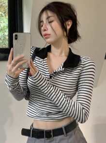 Striped Polo Neck Crop Tee - Black - View 1