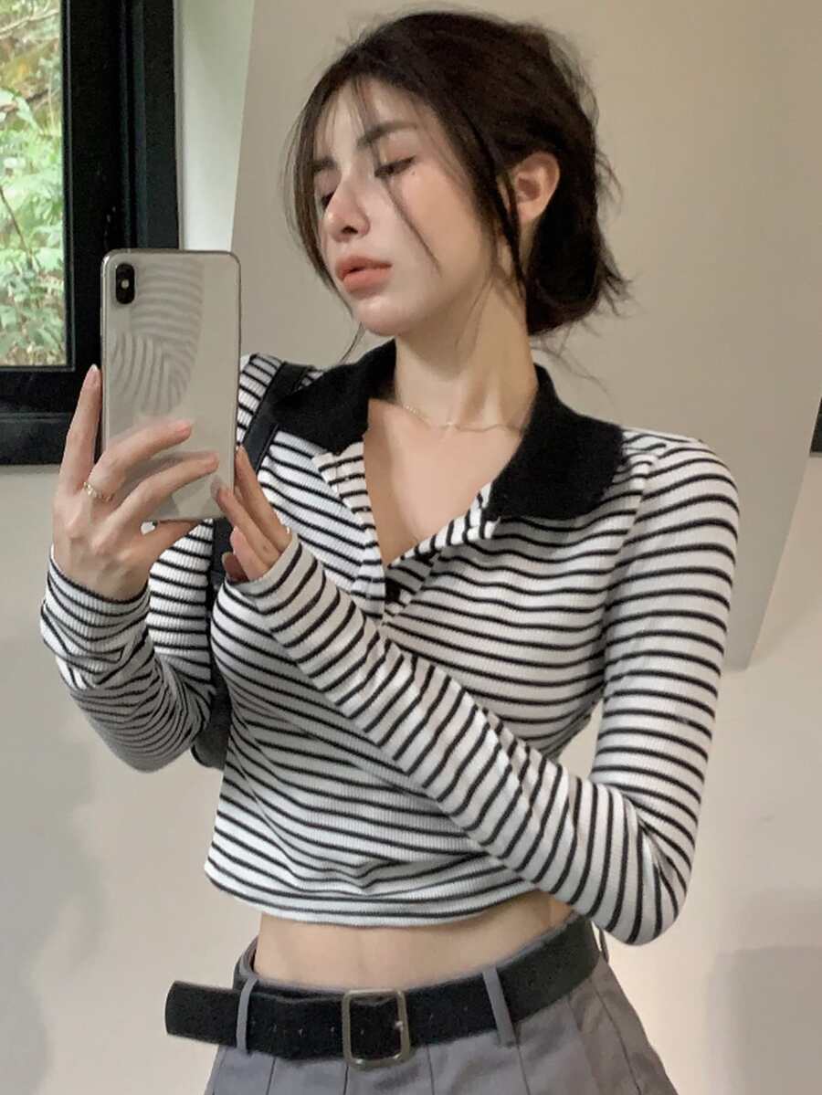 Striped Polo Neck Crop Tee - Black - View 1