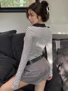 Striped Polo Neck Crop Tee - Black - View 2
