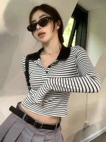 Striped Polo Neck Crop Tee - Black - View 3