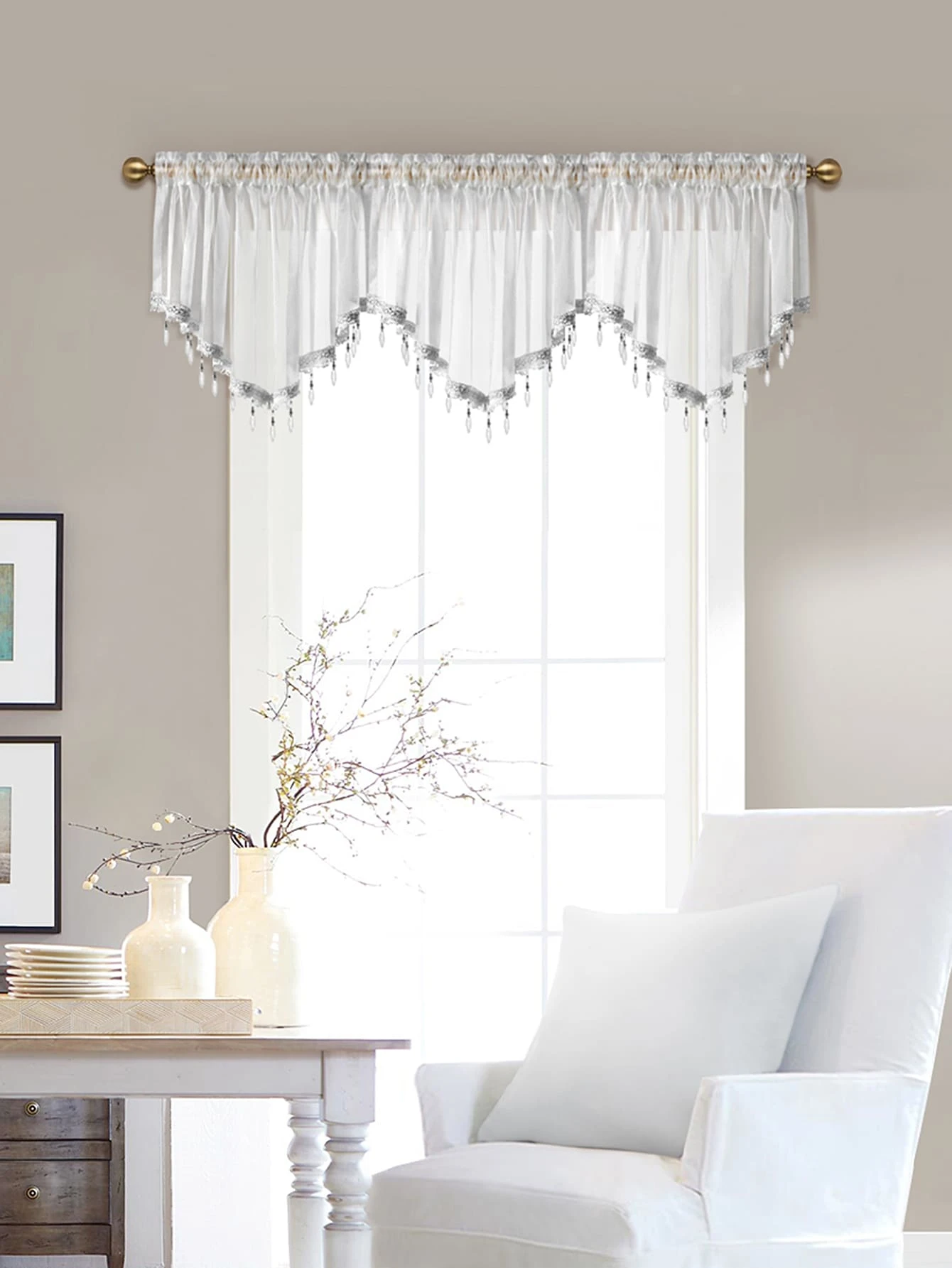 1入组白色窗幔現代滌綸珠飾窗簾窗幔 - 白色 - 查看 1