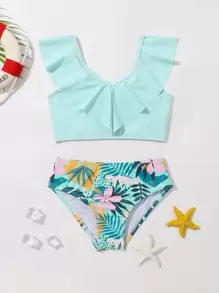 年轻女孩热带印花荷叶边比基尼套装夏季海滩 - 薄荷綠 - 查看 1