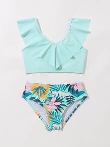年轻女孩热带印花荷叶边比基尼套装夏季海滩 - 薄荷綠 - 查看 3