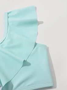 年轻女孩热带印花荷叶边比基尼套装夏季海滩 - 薄荷綠 - 查看 4