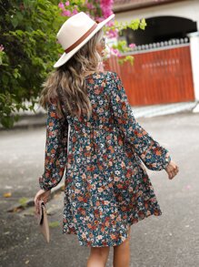 SHEIN LUNE Vestido línea A con estampado floral ribete con encaje - Multicolor - Ver 2