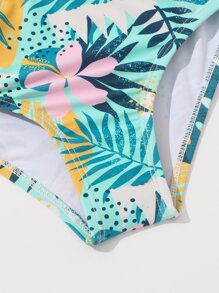 年轻女孩热带印花荷叶边比基尼套装夏季海滩 - 薄荷綠 - 查看 5