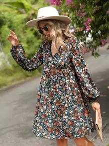 SHEIN LUNE Vestido línea A con estampado floral ribete con encaje - Multicolor - Ver 5