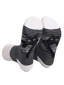 1 đôi tất nữ họa tiết sọc & mèo, cho cuộc sống hàng ngày - Nhiều màu - Xem 1
