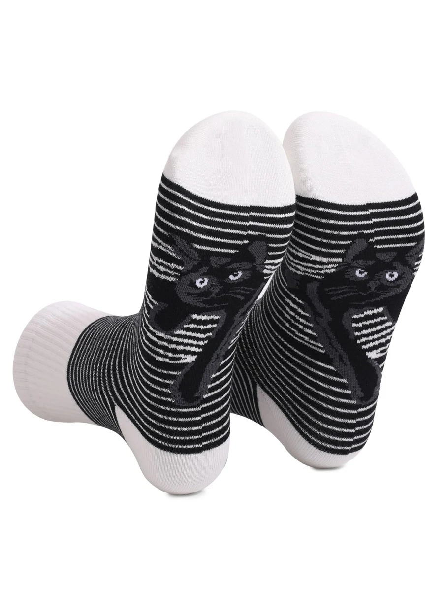 1 đôi tất nữ họa tiết sọc & mèo, cho cuộc sống hàng ngày - Nhiều màu - Xem 1