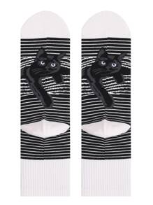 1 đôi tất nữ họa tiết sọc & mèo, cho cuộc sống hàng ngày - Nhiều màu - Xem 3