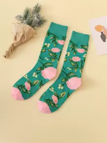 1pair Women Floral Pattern Casual Crew Socks, For Daily Life - Multicolor - View 1