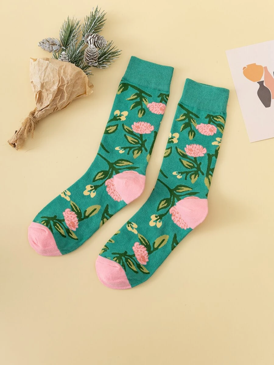 1pair Women Floral Pattern Casual Crew Socks, For Daily Life - Multicolor - View 1