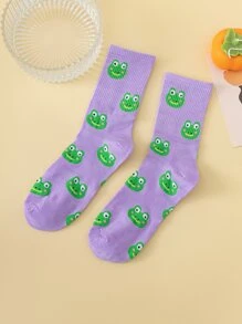 1pair Men Cartoon Frog Graphic Cute Crew Socks For Daily Life - Multicolor - View 4