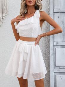 Breezaya Swiss Dot One Shoulder Ruffle Trim Top & Belted Skirt