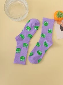 1pair Men Cartoon Frog Graphic Cute Crew Socks For Daily Life - Multicolor - View 2